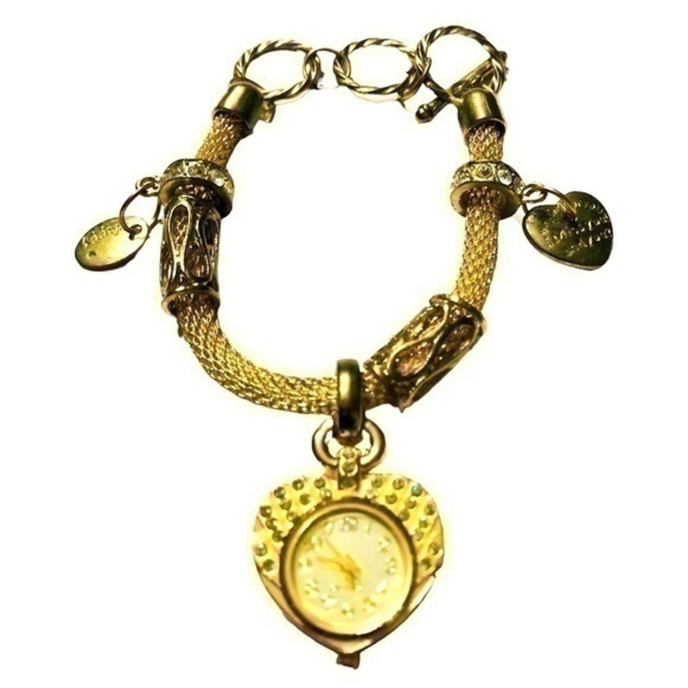 Gold Tone Bracelet Quartz Watch With Rhinestones With 2 Charms I Miss You